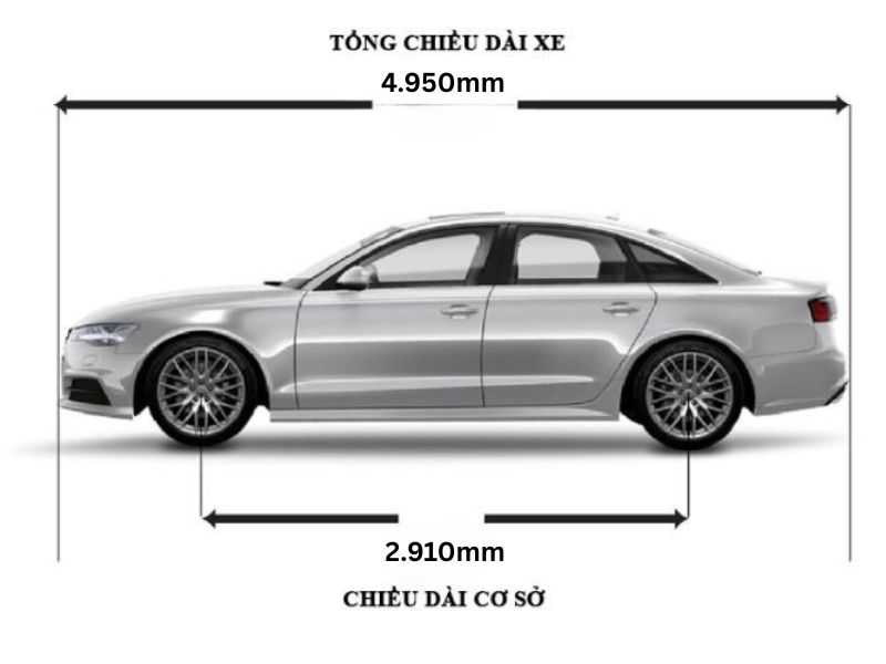 Xe có chiều dài tổng thể là 4950mm và chiều dài tổng thể là 2910mm
